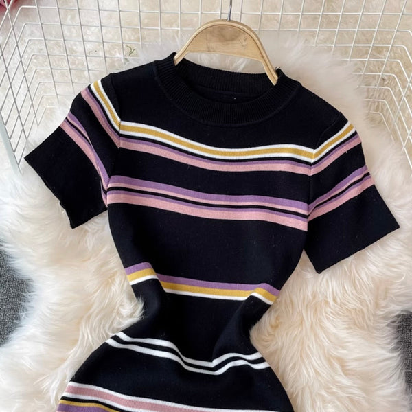 Sweetie Color-blocking Striped Knitted Dress