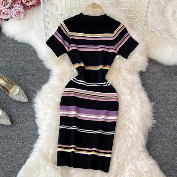 Sweetie Color-blocking Striped Knitted Dress