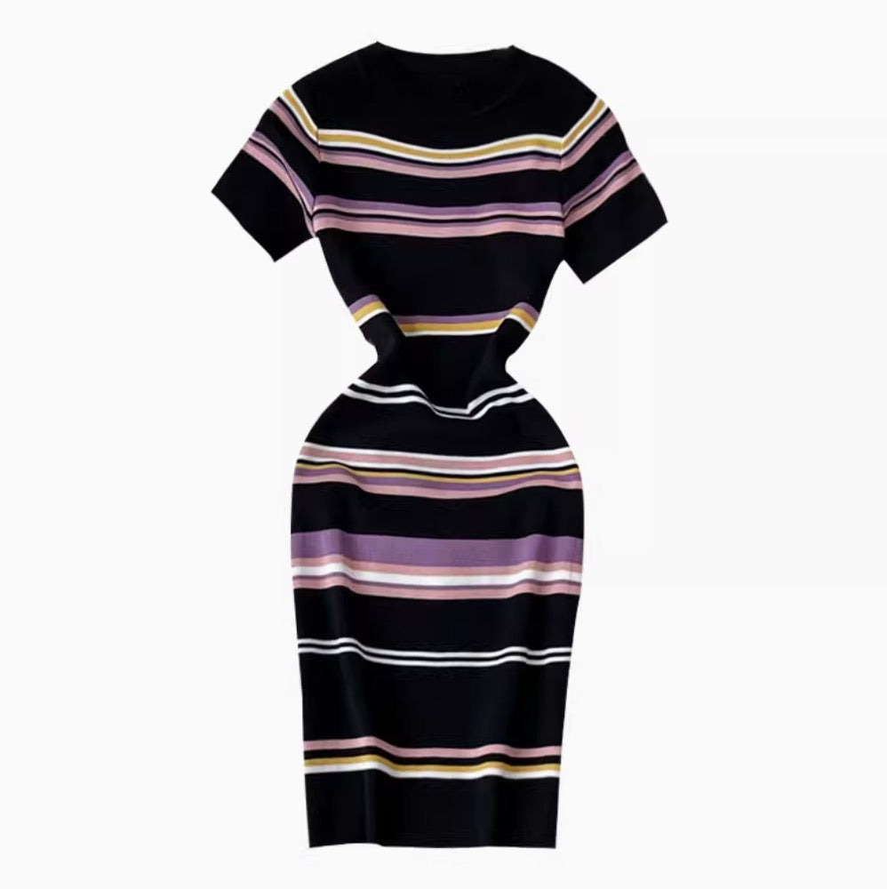 Sweetie Color-blocking Striped Knitted Dress