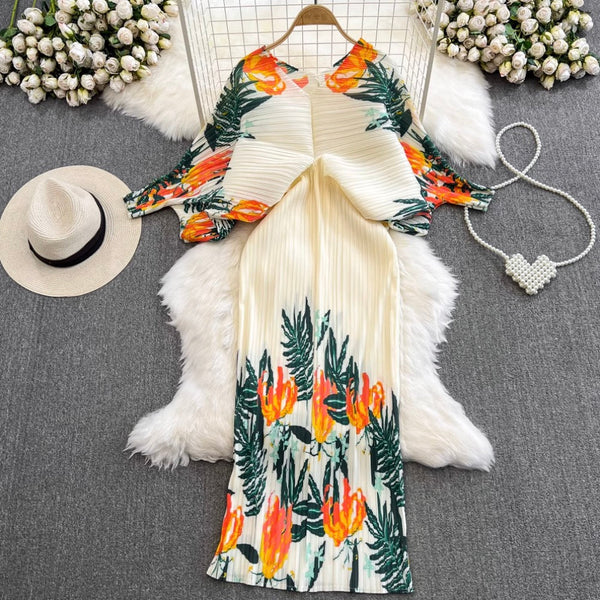 Bat Sleeve Pleated Printed Dress