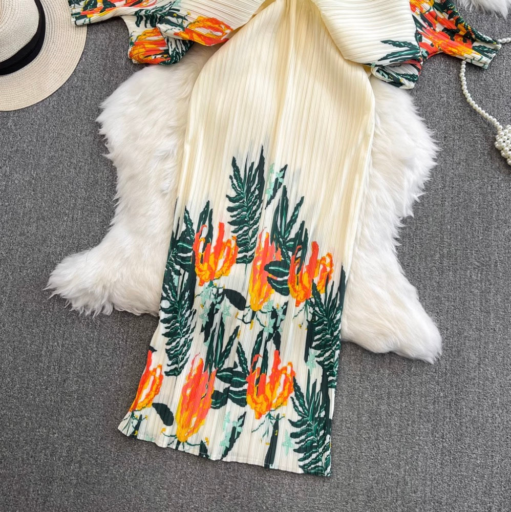 Bat Sleeve Pleated Printed Dress