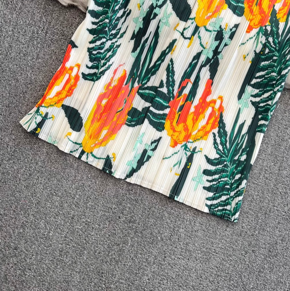 Bat Sleeve Pleated Printed Dress