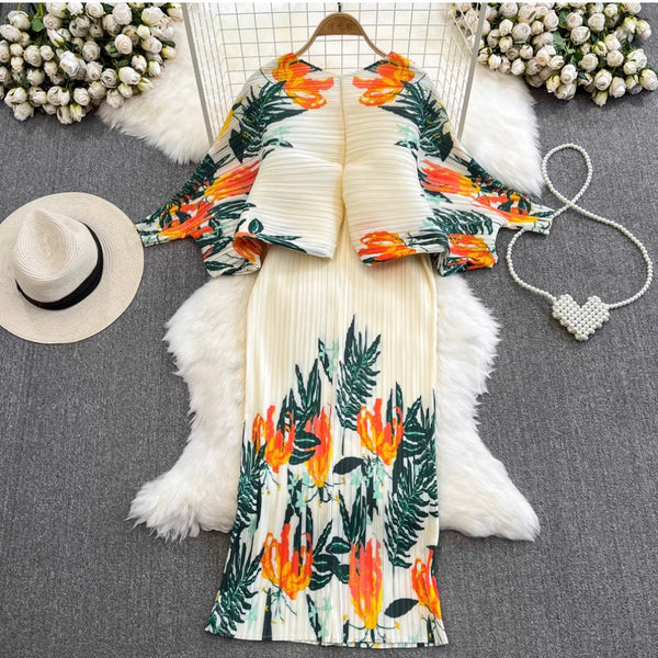 Bat Sleeve Pleated Printed Dress