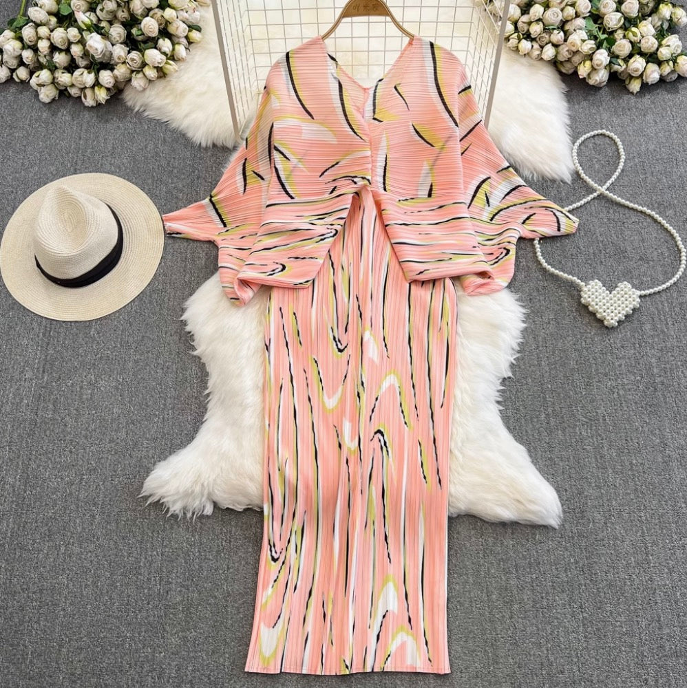 Bat Sleeve Pleated Printed Dress