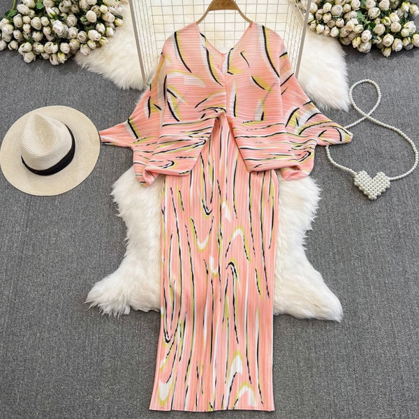 Bat Sleeve Pleated Printed Dress