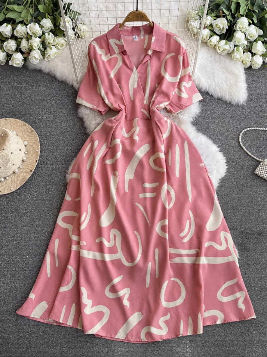 V-neck Printed Chiffon Shirt Dress