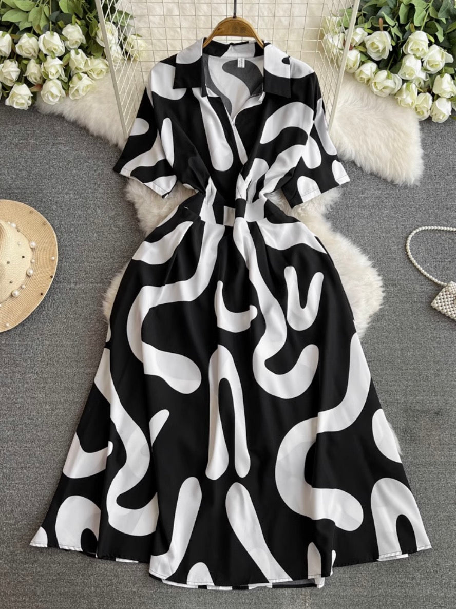 V-neck Printed Chiffon Shirt Dress
