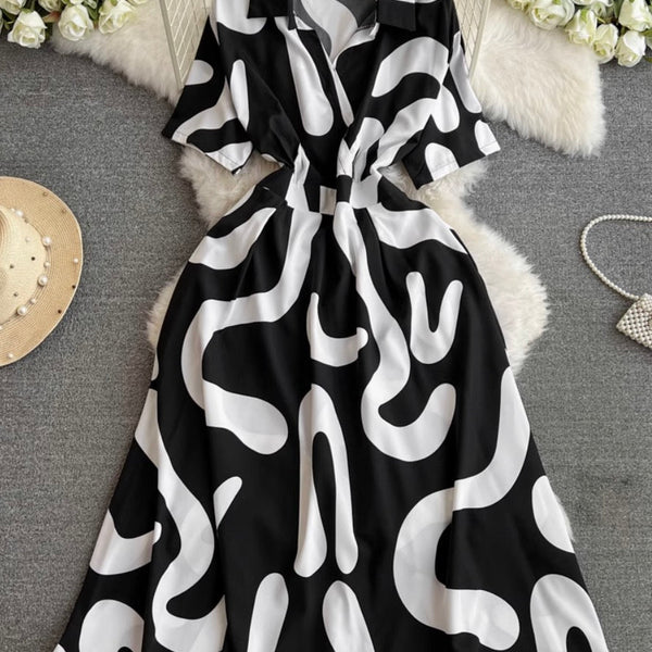 V-neck Printed Chiffon Shirt Dress