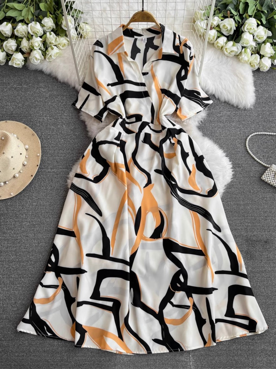 V-neck Printed Chiffon Shirt Dress
