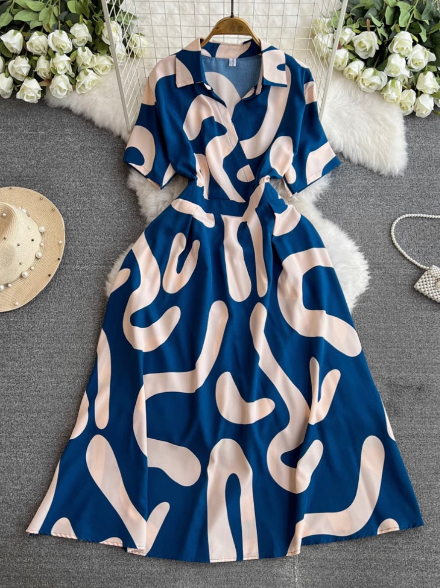 V-neck Printed Chiffon Shirt Dress