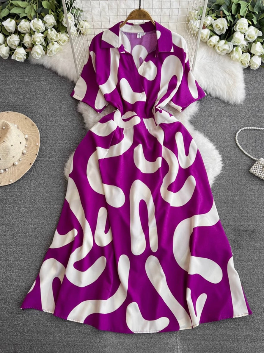 V-neck Printed Chiffon Shirt Dress