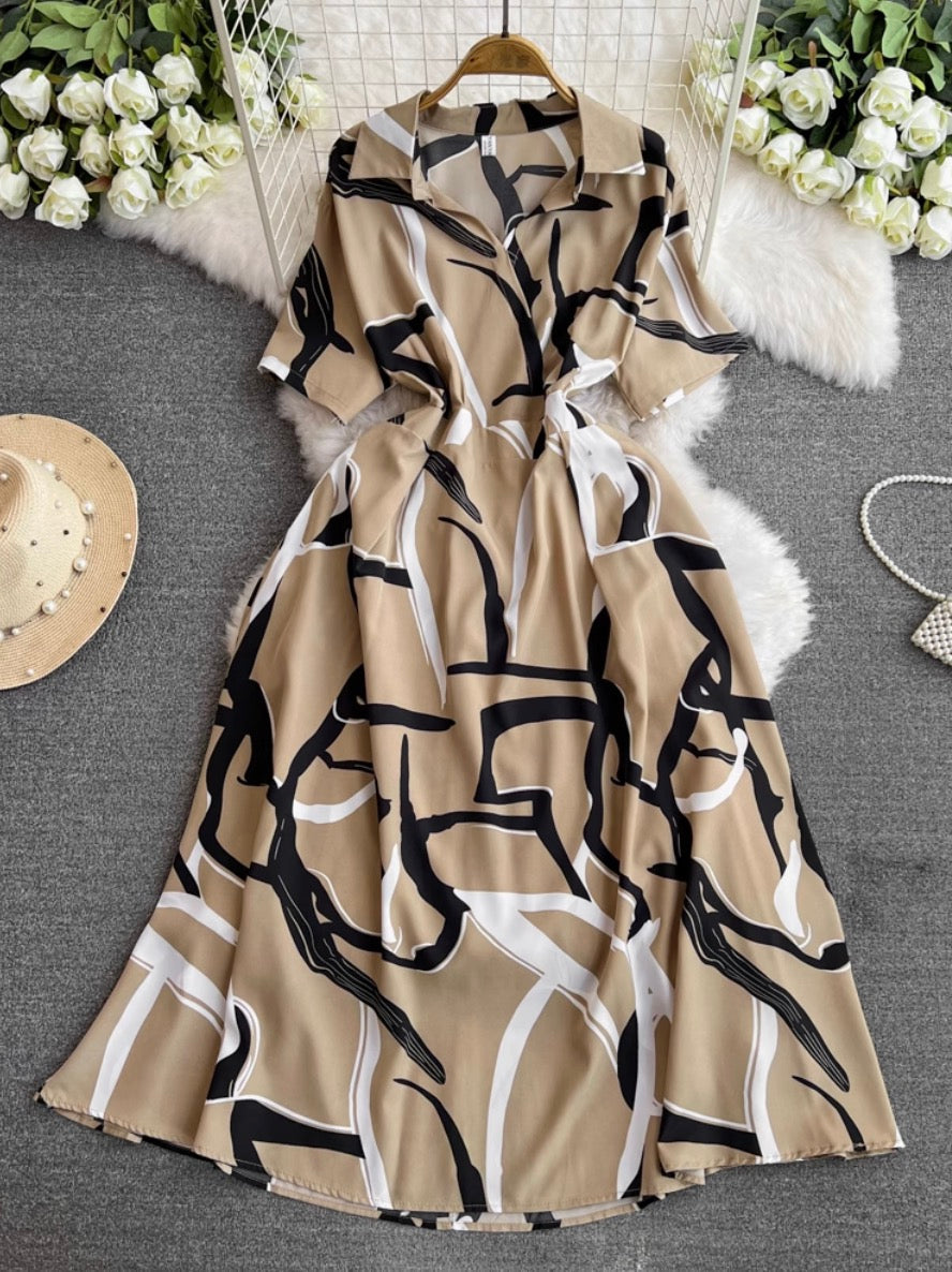 V-neck Printed Chiffon Shirt Dress