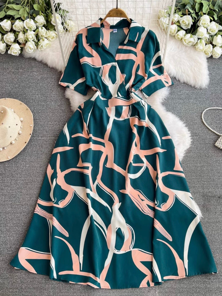 V-neck Printed Chiffon Shirt Dress