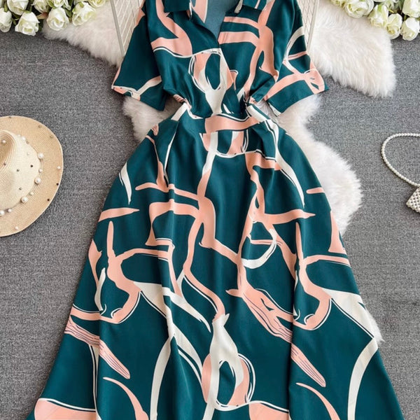 V-neck Printed Chiffon Shirt Dress