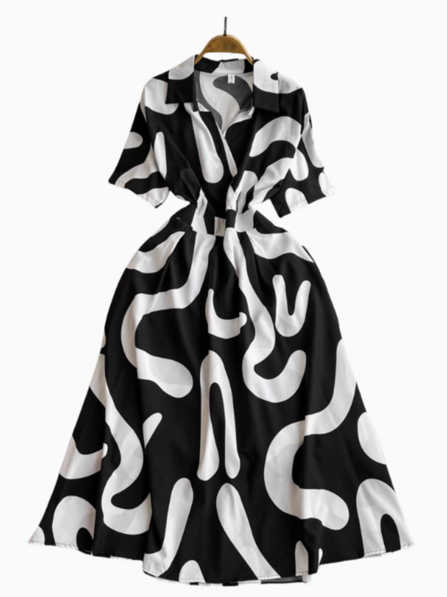 V-neck Printed Chiffon Shirt Dress