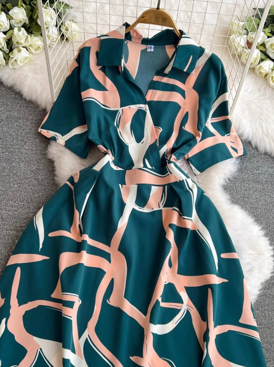 V-neck Printed Chiffon Shirt Dress