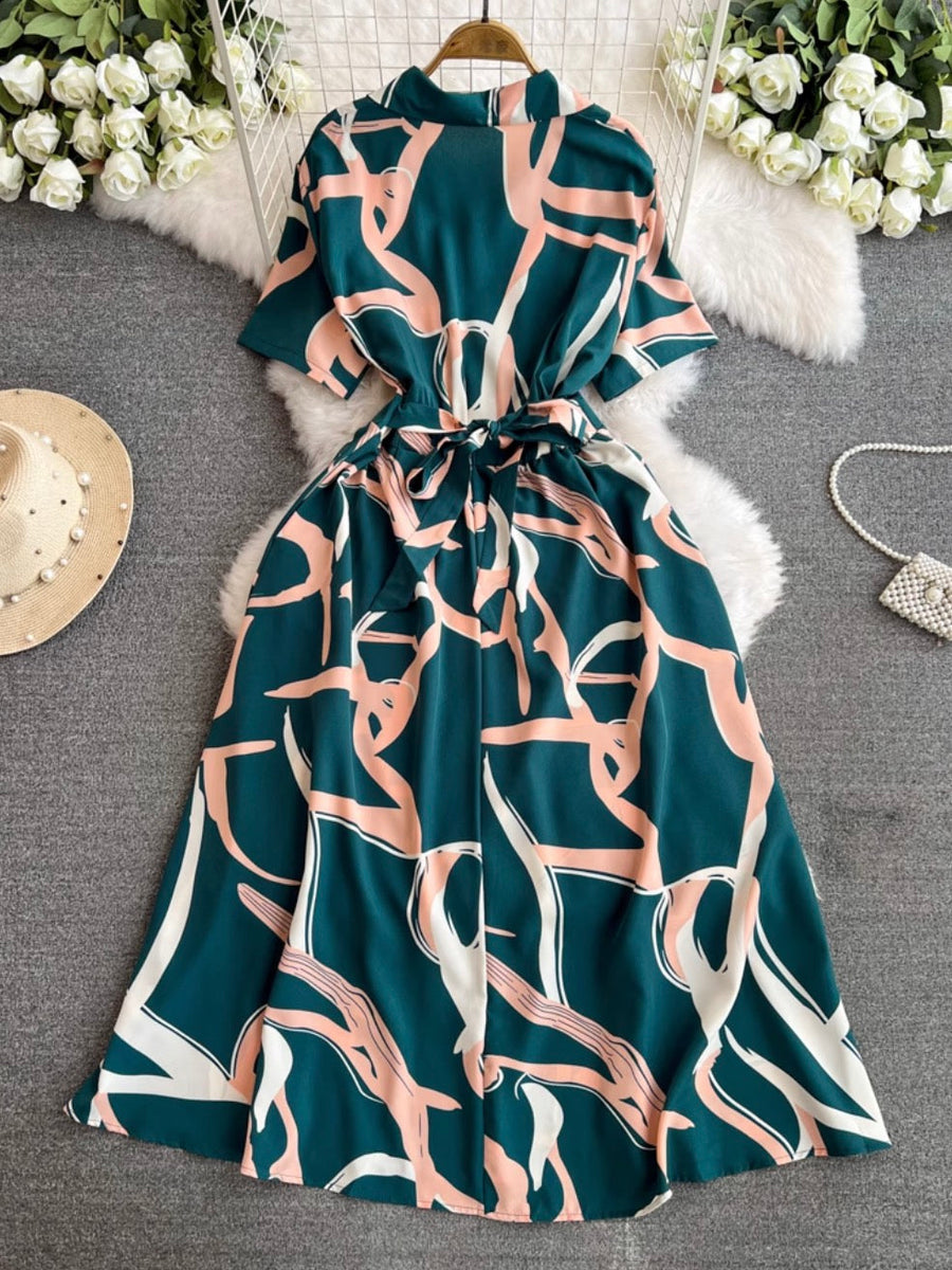 V-neck Printed Chiffon Shirt Dress