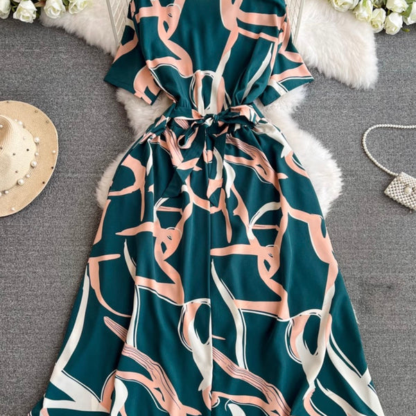 V-neck Printed Chiffon Shirt Dress