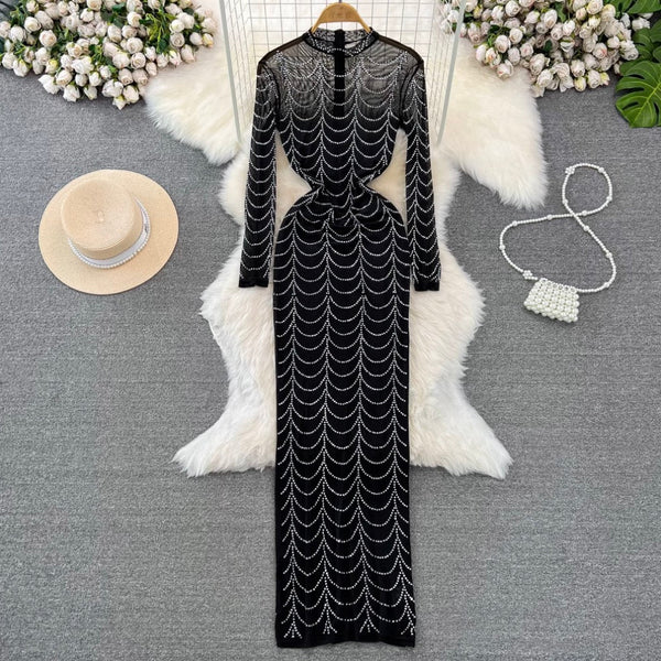 Stand Collar Rhinestone Black Mesh Dress