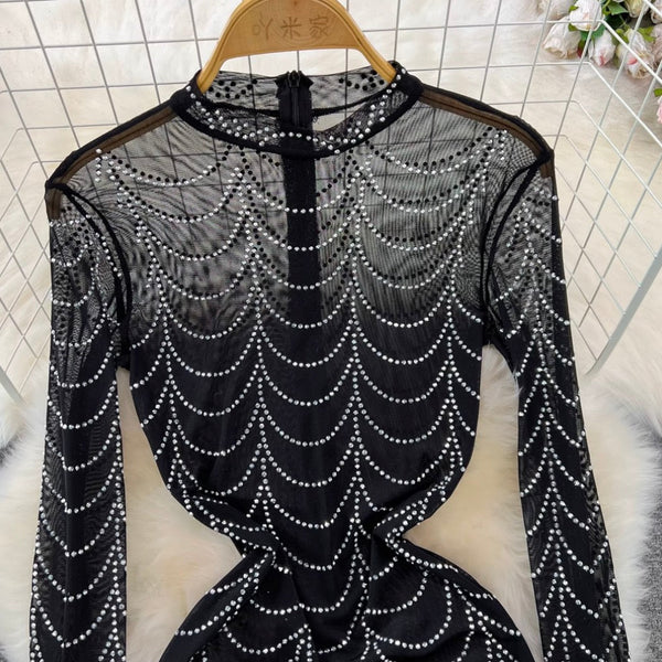 Stand Collar Rhinestone Black Mesh Dress