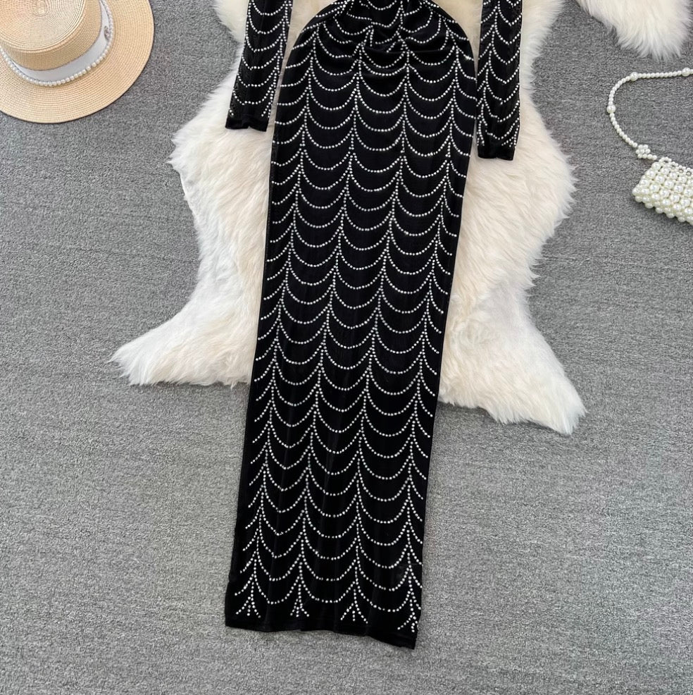 Stand Collar Rhinestone Black Mesh Dress