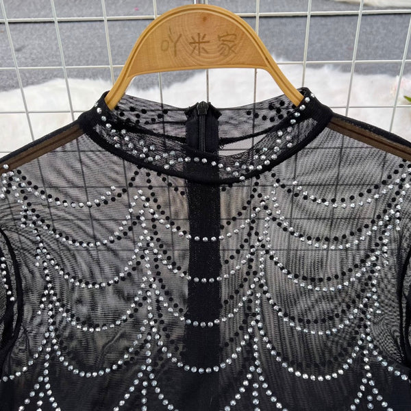 Stand Collar Rhinestone Black Mesh Dress