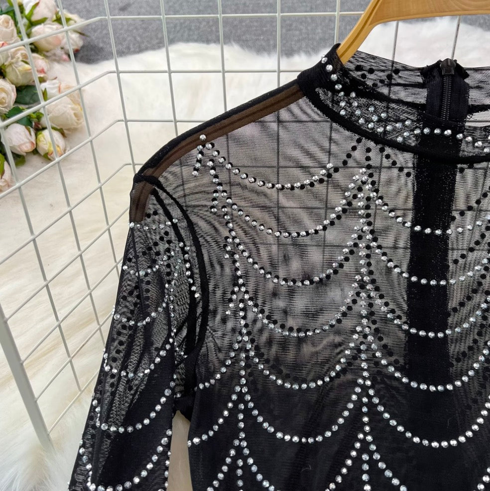 Stand Collar Rhinestone Black Mesh Dress