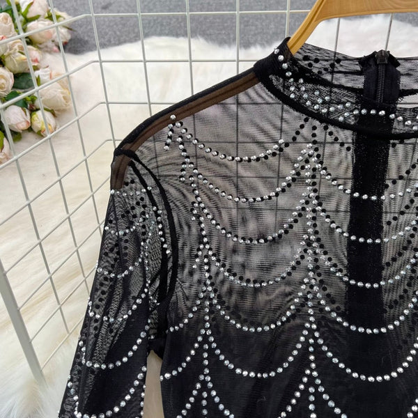 Stand Collar Rhinestone Black Mesh Dress