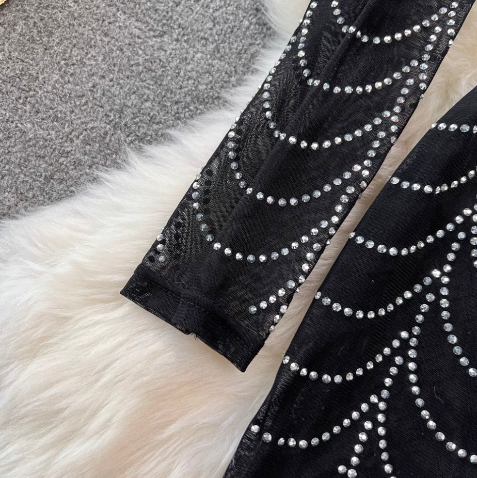 Stand Collar Rhinestone Black Mesh Dress