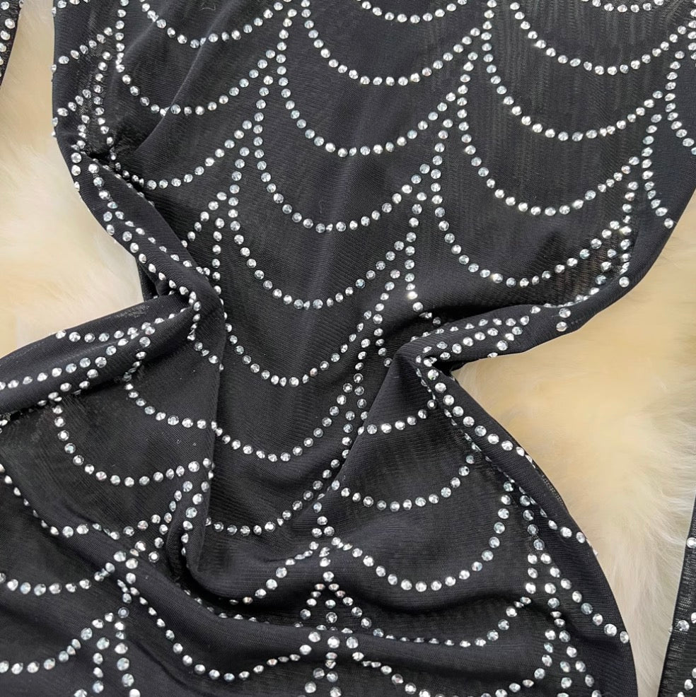 Stand Collar Rhinestone Black Mesh Dress