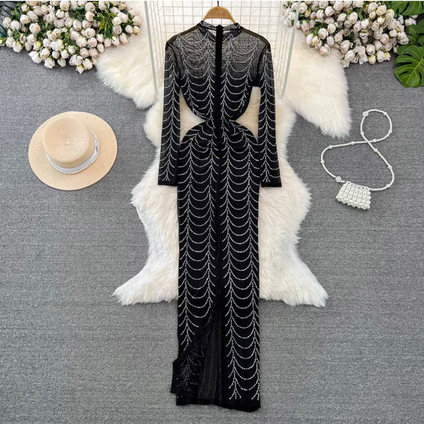Stand Collar Rhinestone Black Mesh Dress