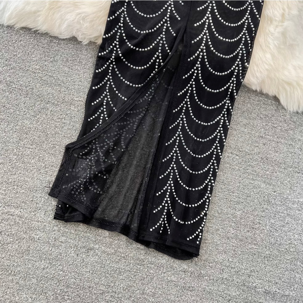 Stand Collar Rhinestone Black Mesh Dress