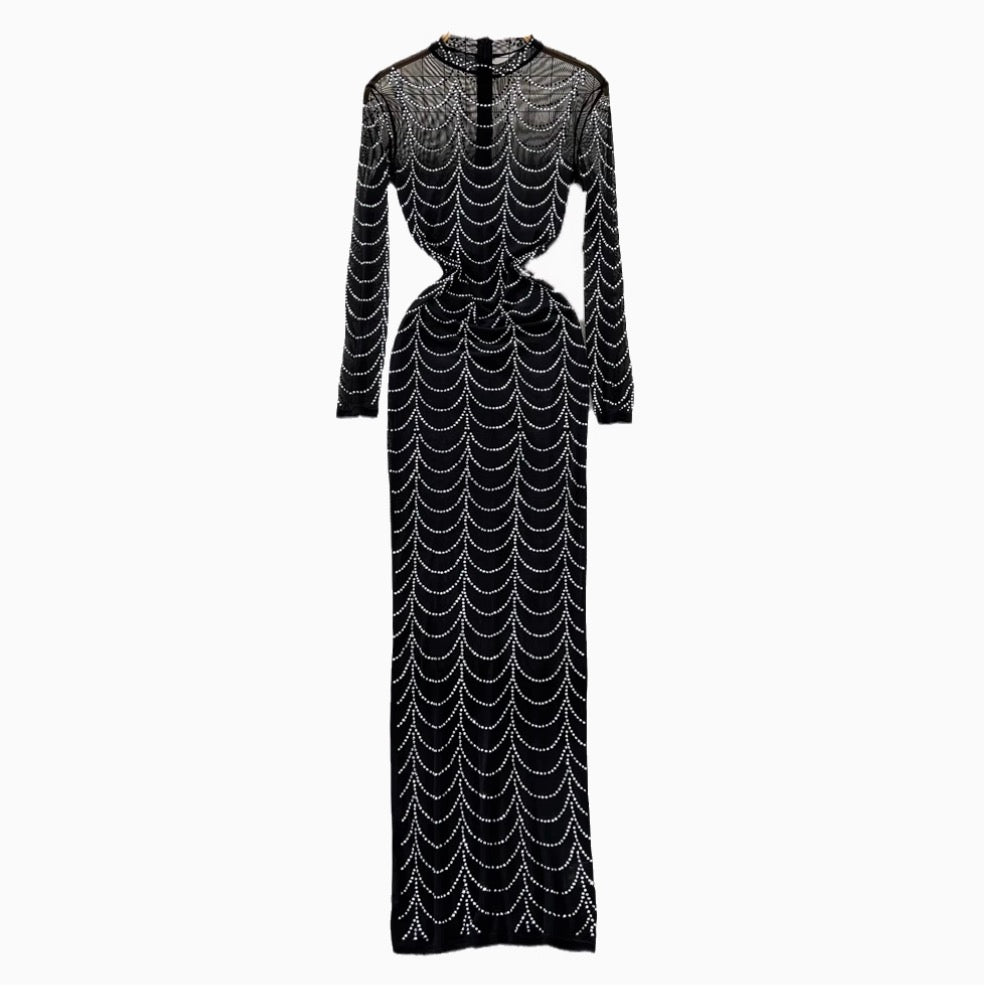 Stand Collar Rhinestone Black Mesh Dress