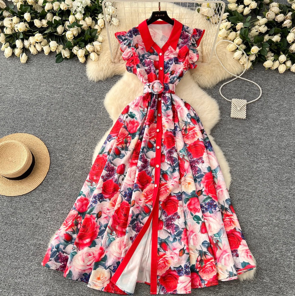 Elegant Lapeled Ruffled Print Dress