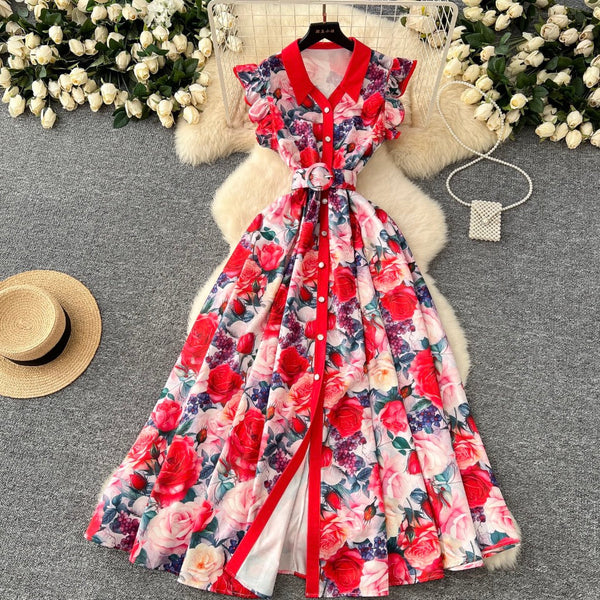 Elegant Lapeled Ruffled Print Dress