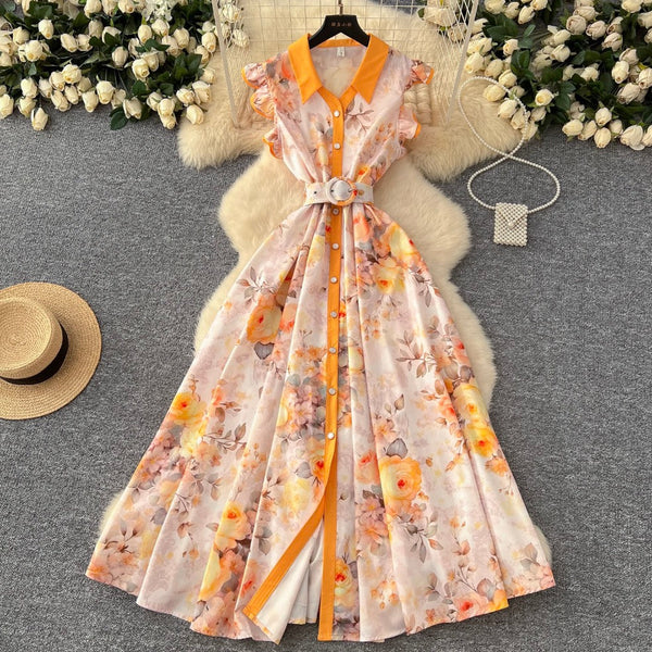 Elegant Lapeled Ruffled Print Dress