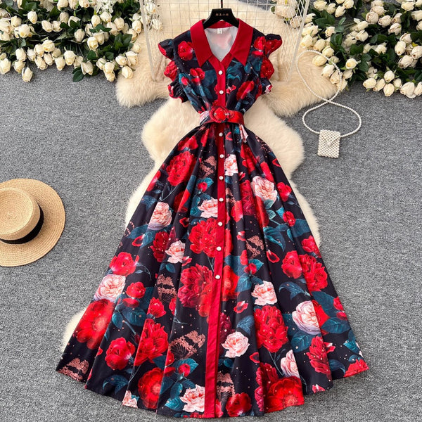 Elegant Lapeled Ruffled Print Dress