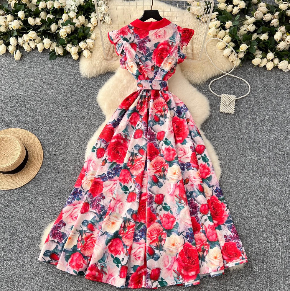 Elegant Lapeled Ruffled Print Dress