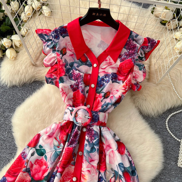 Elegant Lapeled Ruffled Print Dress