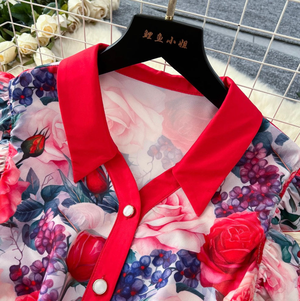 Elegant Lapeled Ruffled Print Dress
