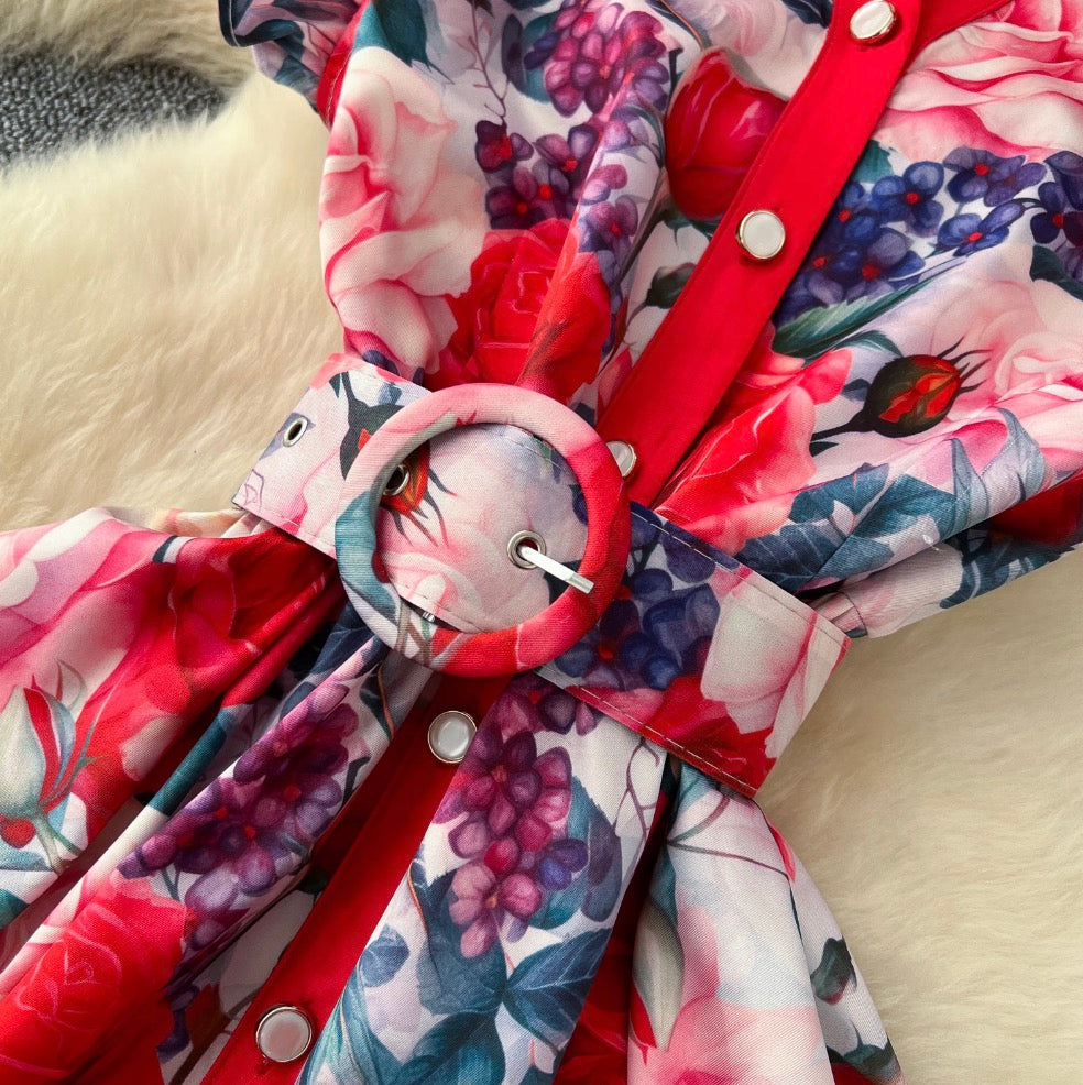 Elegant Lapeled Ruffled Print Dress