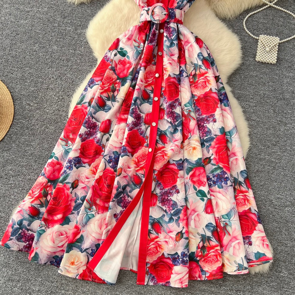 Elegant Lapeled Ruffled Print Dress