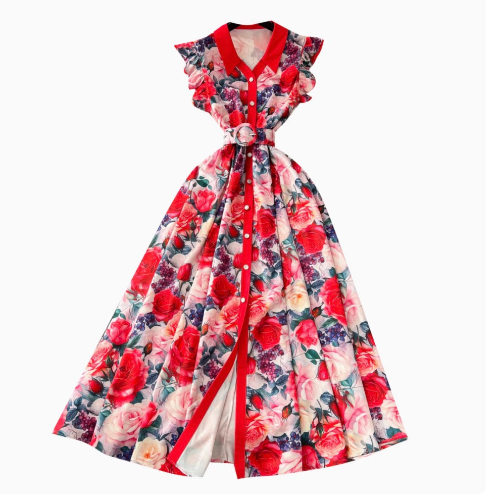 Elegant Lapeled Ruffled Print Dress