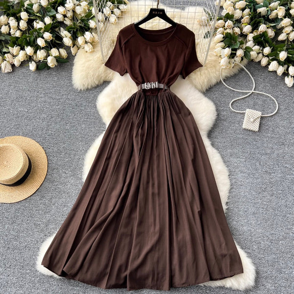 Crew Neck Draped Dress with Belt