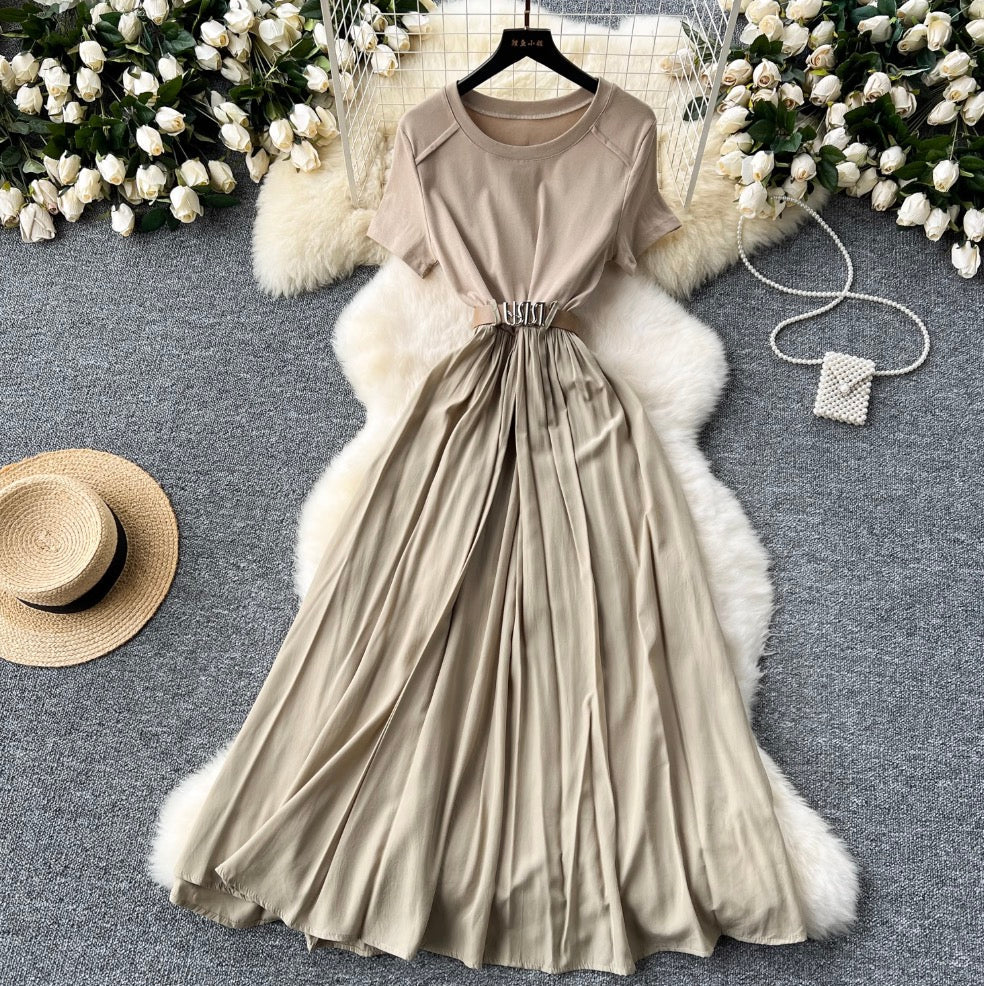 Crew Neck Draped Dress with Belt
