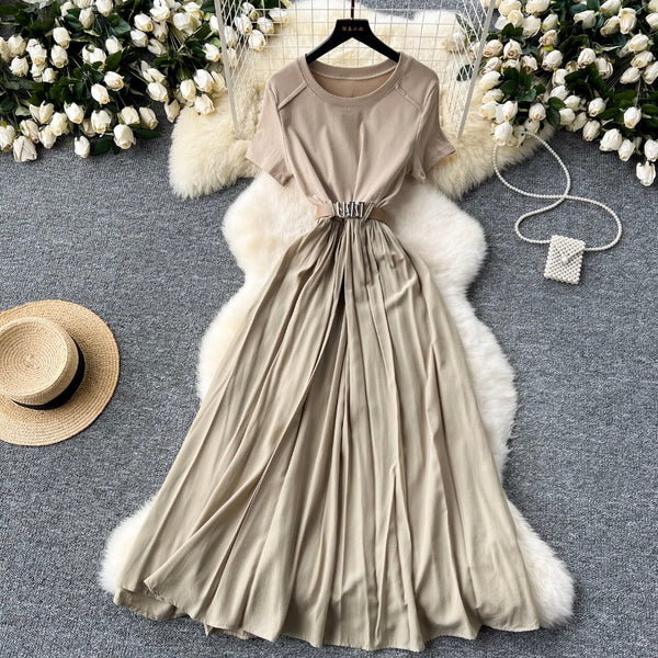 Crew Neck Draped Dress with Belt
