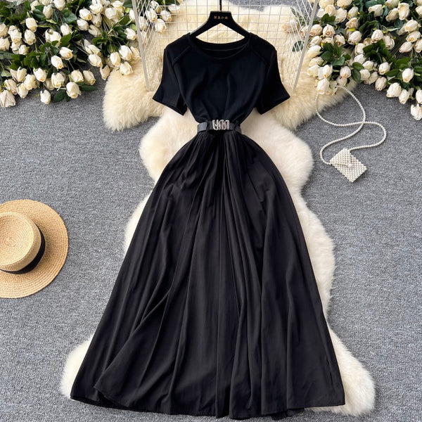 Crew Neck Draped Dress with Belt