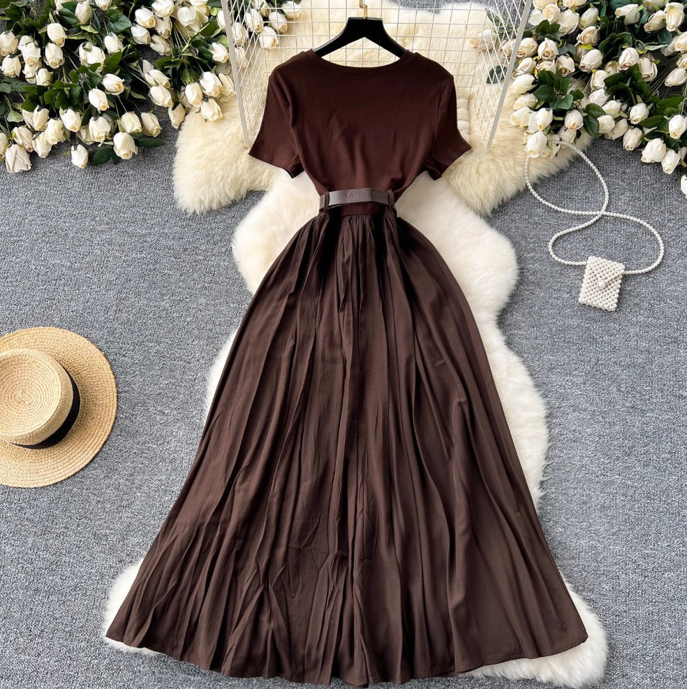 Crew Neck Draped Dress with Belt