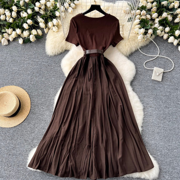 Crew Neck Draped Dress with Belt
