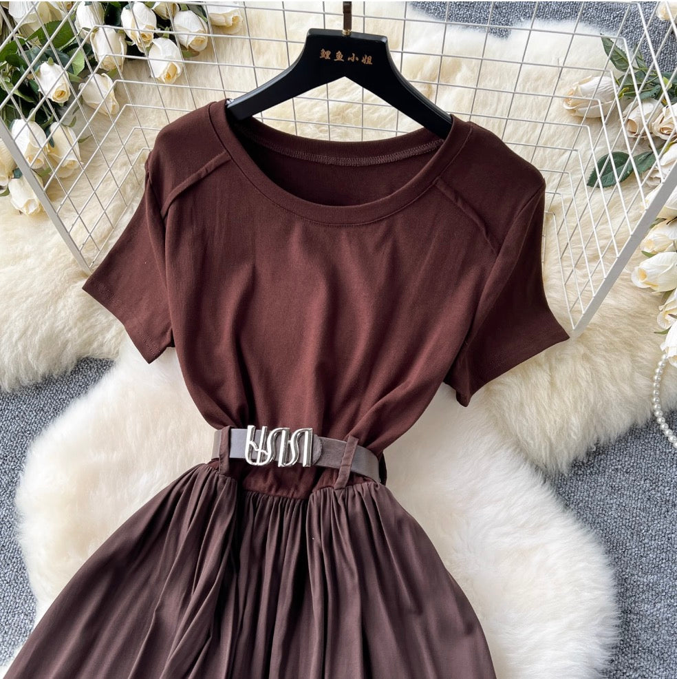 Crew Neck Draped Dress with Belt